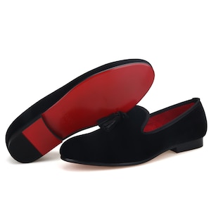 FERUCCI Men Black Velvet Slippers loafers with Black Tassel Prom Wedding
