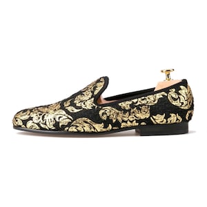 Men FERUCCI Black Fabric slippers Loafers Flat With Gold Printing