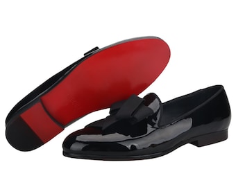 FERUCCI Black Patent Leather Slippers Loafers with Black Ribbon Bow Prom Wedding