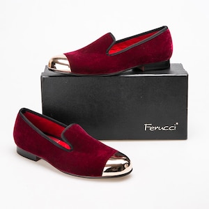 FERUCCI Men Plain Burgundy Velvet with Gold Toe Slippers loafers Prom Wedding