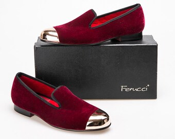 FERUCCI Men Plain Burgundy Velvet with Gold Toe Slippers loafers Prom Wedding
