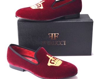 FERUCCI Burgundy Men Velvet Slippers loafers with Gold Crown Prom Wedding