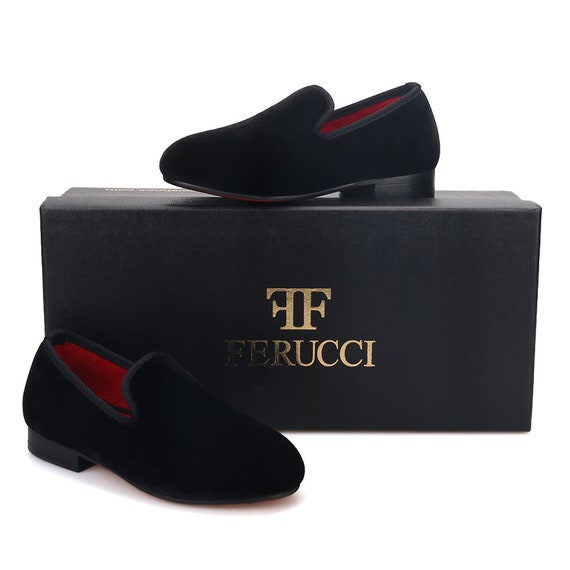 FERUCCI Kids Children Plain Black Velvet Slippers Loafers Shoes