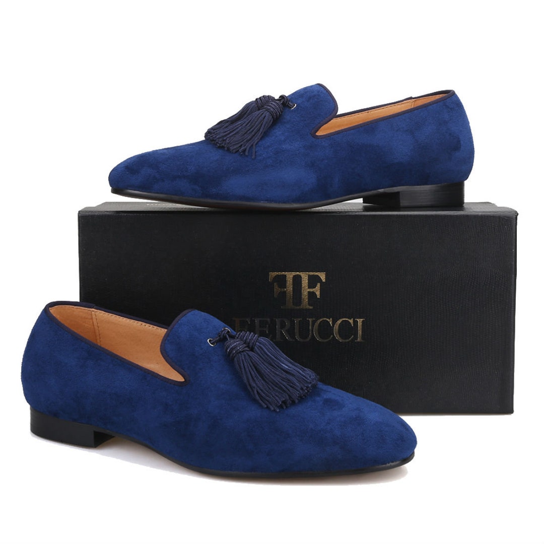FERUCCI Blue Suede Slippers Loafers With Big Blue Tassel Flats Prom ...