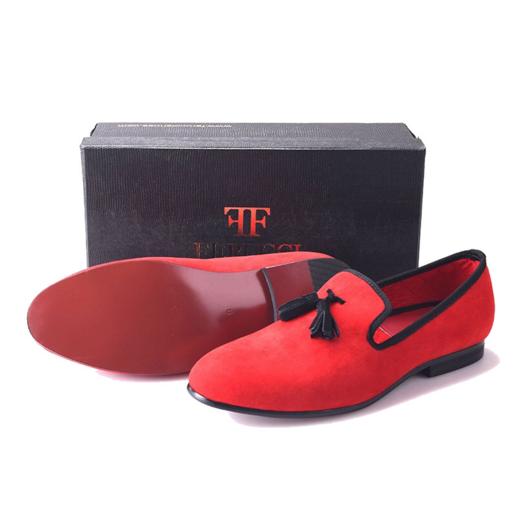 FERUCCI Red Velvet Slippers Loafers With Black Tassel Prom - Etsy