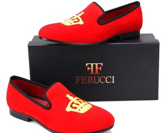 FERUCCI Men red Velvet Slippers loafers with Gold Crown Prom Wedding