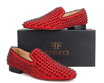 FERUCCI Red velvet slippers Loafers Flat With Black Spikes Rivets Prom Wedding