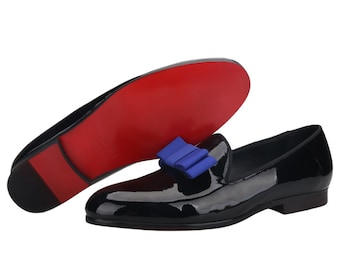 FERUCCI Black Patent Leather Slippers Loafers with Blue Bow Prom Wedding