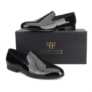 FERUCCI Plain Black Patent Leather Slippers Loafers Prom Wedding