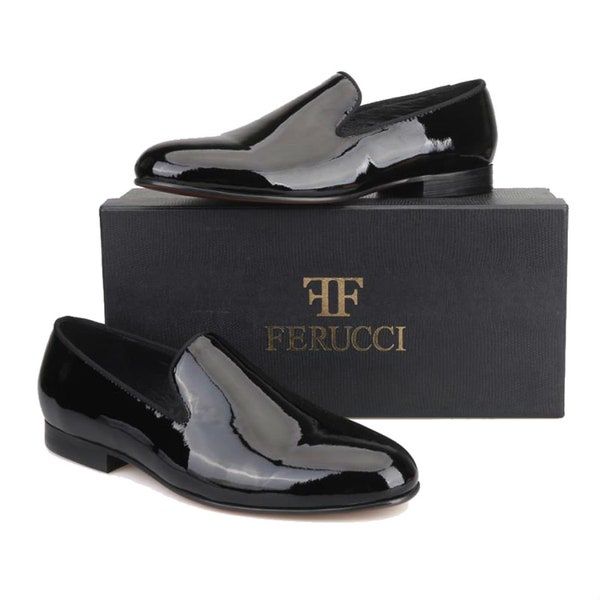 FERUCCI Flat Black Patent Leather Slippers Loafers Prom Casamento