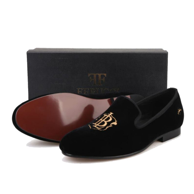 FERUCCI Black Velvet Slippers Loafers With Gold Buckle Band Flats