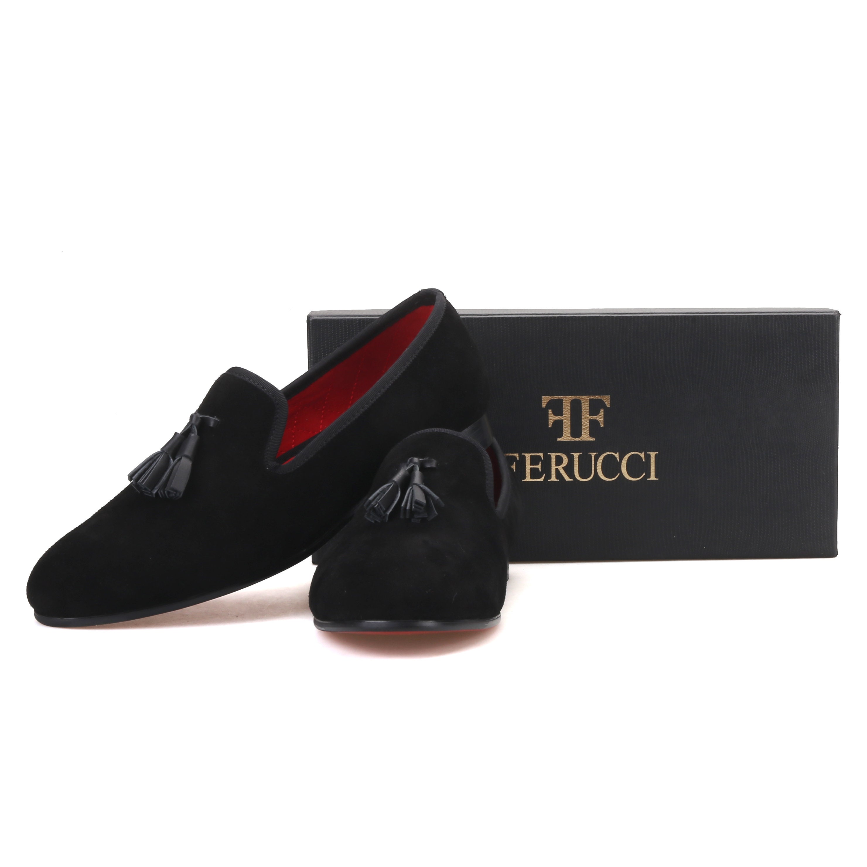 FERUCCI BLACK SUEDE WITH LEATHER TASSEL LOAFER SHOES  SIZE 13 PROM WEDDING Amazon.com: FERUCCI Black Velvet Slippers Loafers with Gold  main image 2