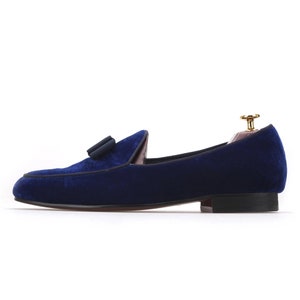 FERUCCI Blue Velvet Slippers Loafers with Black Bow Flats Prom Wedding