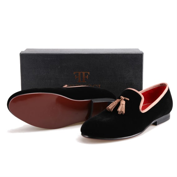 FERUCCI Black Velvet Slippers Loafers With Brown Tassel Prom  display picture 2