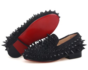 FERUCCI Kids Children Black Spikes Slippers Loafers Shoes With Crystal GZ Rhinestone Prom Wedding