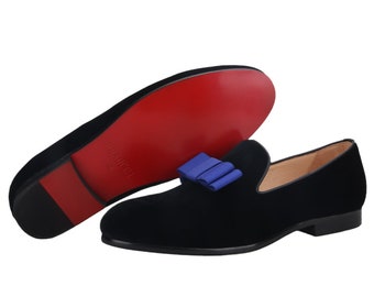 FERUCCI Black Velvet Slippers Loafers with Blue Bow Flats Prom Wedding