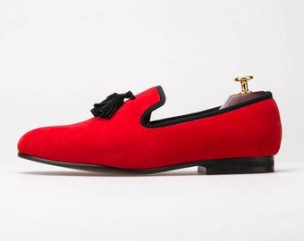 FERUCCI red Velvet Slippers loafers with black tassel Prom Wedding