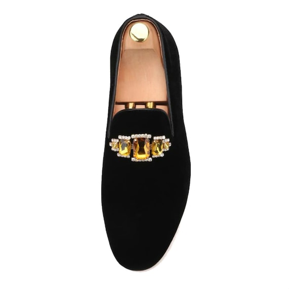 FERUCCI Men Black Velvet Slippers Loafers Flats With Gold  display picture 3