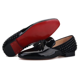 FERUCCI Black Leather Studded Slippers Loafers Flat With Spikes and Tassel Prom Wedding