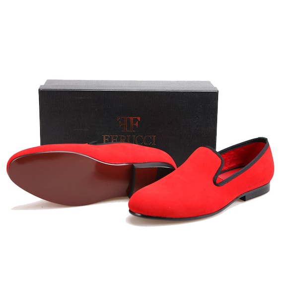 FERUCCI Men Plain Red Velvet Slippers Loafers Flats Prom 