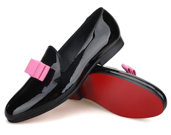 FERUCCI Black Patent Leather Slippers Loafers with Pink Bow Prom Wedding Shoes