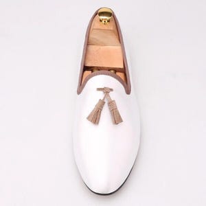 FERUCCI White Velvet Slippers loafers with Brown Tassel Prom Wedding