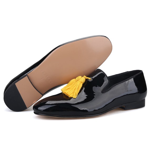 FERUCCI Black Patent Leather Slippers Loafers With Gold Tassel