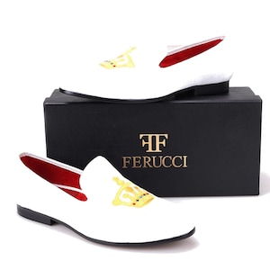 FERUCCI White Velvet Slippers loafers with Gold Crown Prom Wedding