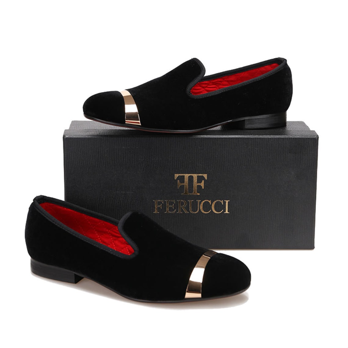 FERUCCI Black Velvet Slippers Loafers with Gold Buckle Band image 1