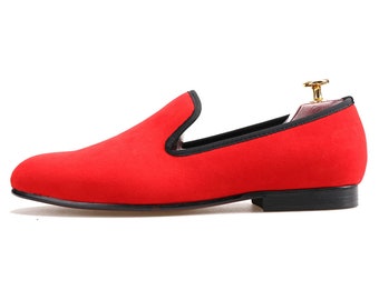 FERUCCI Men Plain Red Velvet Slippers Loafers Flats Prom Wedding