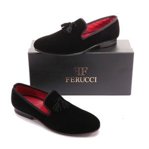 FERUCCI Men Black Velvet Slippers loafers with Black Tassel image 3