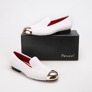 FERUCCI Men Plain White Velvet with Gold Toe Slippers loafers Prom Wedding