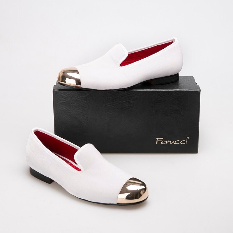 FERUCCI Men Plain White Velvet With Gold Toe Slippers  display picture 1
