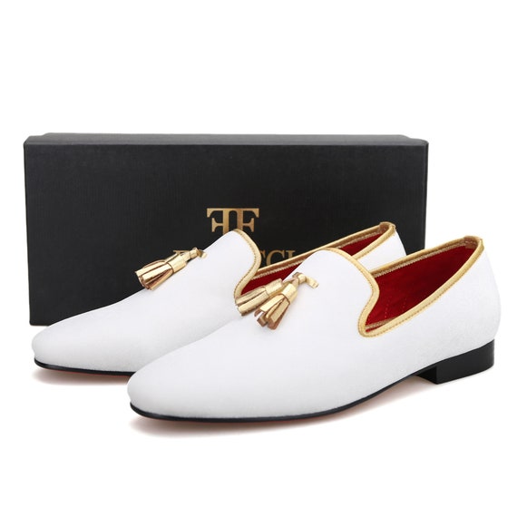 FERUCCI Men White Velvet Square Toe Gold Tassel Slippers  display picture 1