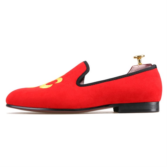  FERUCCI Men Red Velvet Slippers Loafers Flat with Red Spikes  Rivets (6)