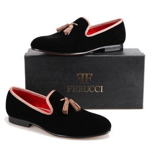FERUCCI Black Velvet Slippers loafers with Brown Tassel  Prom Wedding