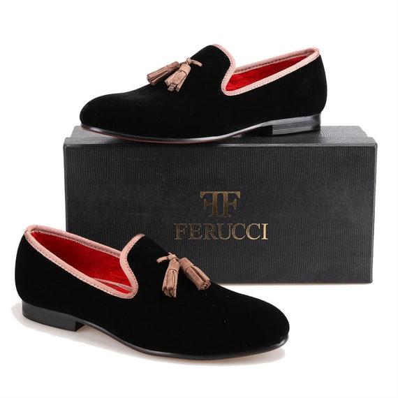 FERUCCI Black Velvet Slippers Loafers With Brown Tassel Prom  display picture 1