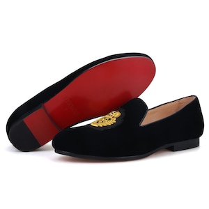 FERUCCI Men Black Velvet Slippers loafers Flats with Gold embroidery Prom Wedding