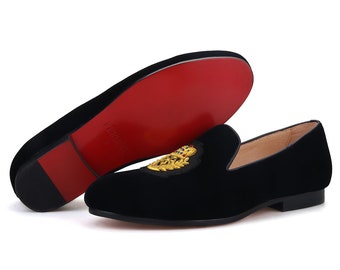 FERUCCI Men Black Velvet Slippers loafers Flats with Gold embroidery Prom Wedding