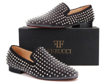 FERUCCI Gray velvet slippers Loafers Flat With Silver Spikes Rivets Prom Wedding