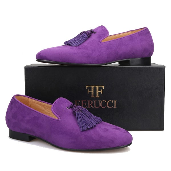 FERUCCI Purple Suede Slippers Loafers with Big Purple Tassel Flats Prom Wedding