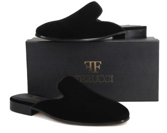 FERUCCI Black Plain Velvet Sandals Loafer Flats Prom Wedding