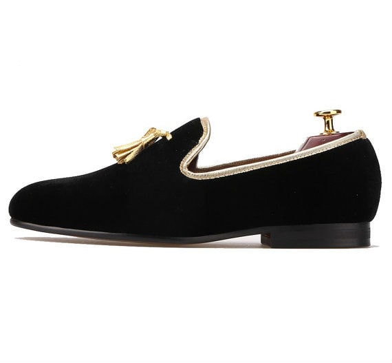 FERUCCI Black Velvet Slippers Loafers With Gold Tassel Prom Wedding Etsy Canada