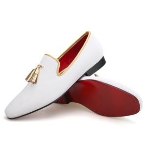 FERUCCI Men White Velvet Square Toe Gold Tassel Slippers Loafers Flats Prom Wedding