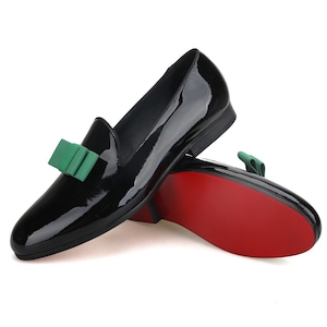 FERUCCI Black Patent Leather Slippers Loafers with Green Bow Prom Wedding Shoes