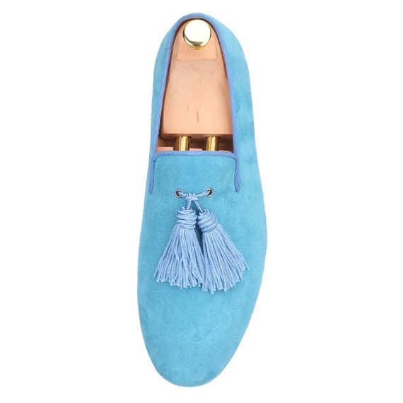 FERUCCI Blue Suede Slippers Loafers With Big Blue Tassel  display picture 3