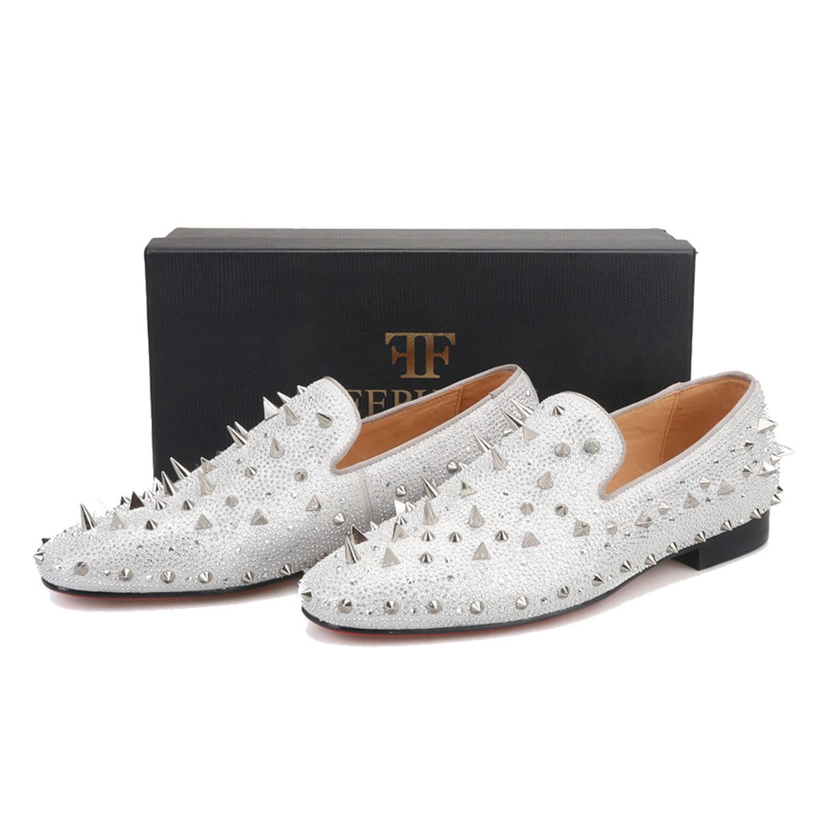FERUCCI Silver Spikes Slippers Loafers Flat With Crystal GZ 