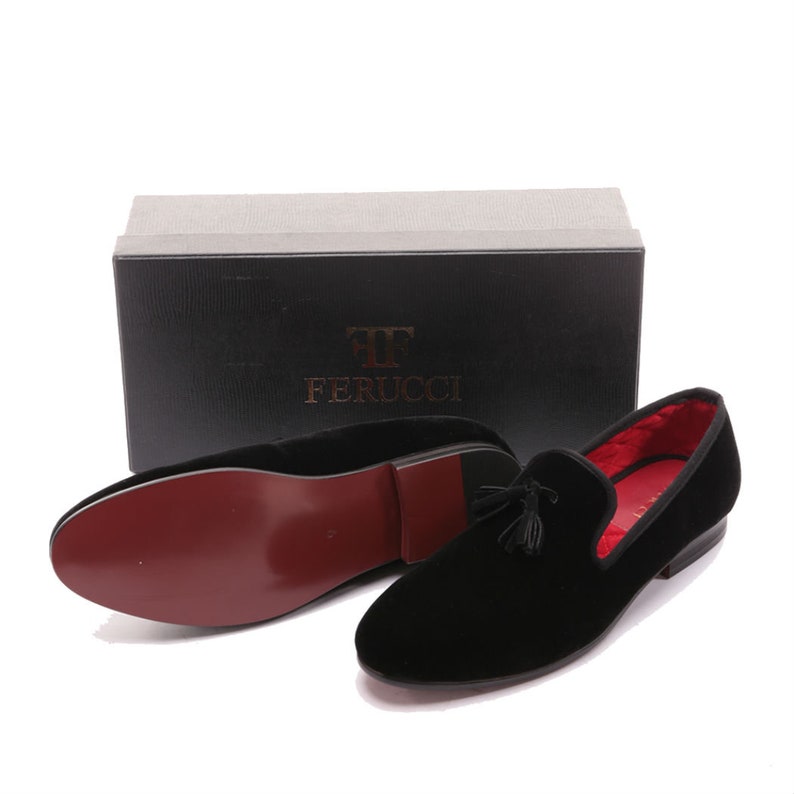 FERUCCI Men Black Velvet Slippers loafers with Black Tassel image 6