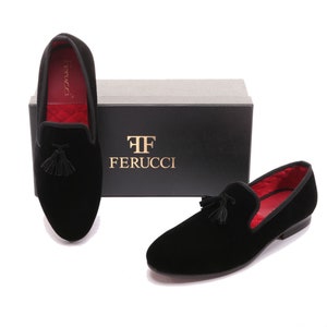 FERUCCI Men Black Velvet Slippers loafers with Black Tassel image 4