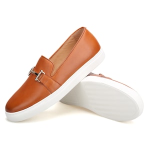 FERUCCI Brown Leather Slip-on Sneakers with Gold Horsebits Loafers Prom Wedding